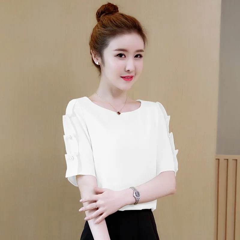 2018 Новая летняя офисная однотонная модная блузка из шифона с коротким рукавом