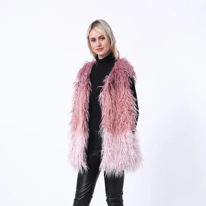 

2019 Winter Imitation Fur coat female medium long fox fur grass vest furry coat color stitching fur girl