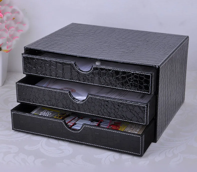 3-drawer wood struction leather desk set  filing cabinet storage drawer box office organizer document container croco black217C