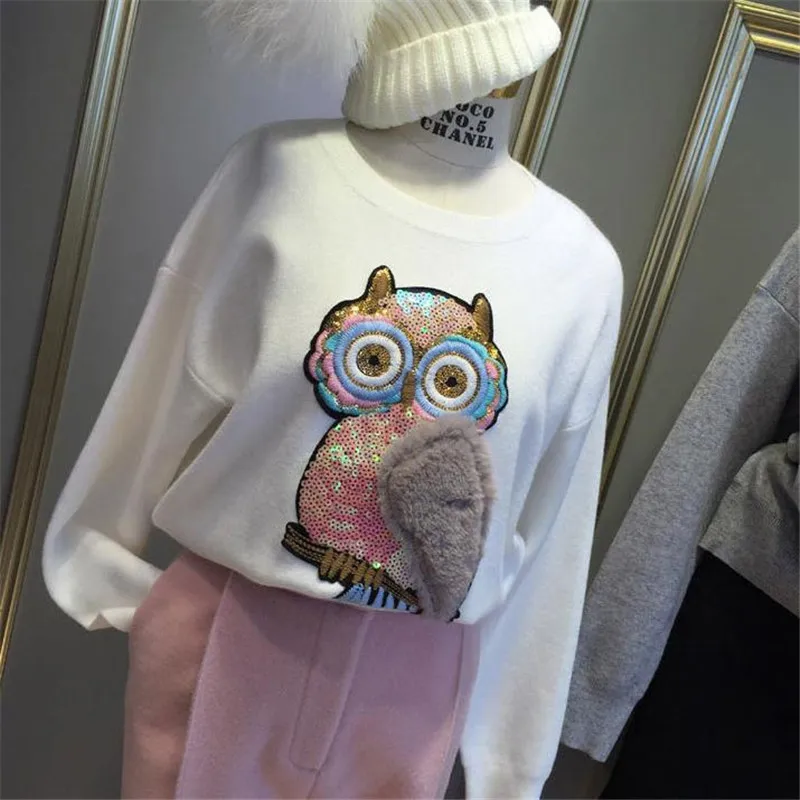 

Owl Plush Patches for clothing stickers Women 26cm bird Sequined Sequins T-shirt Womens Fashion Tops Shirt Girl Patch Clothes