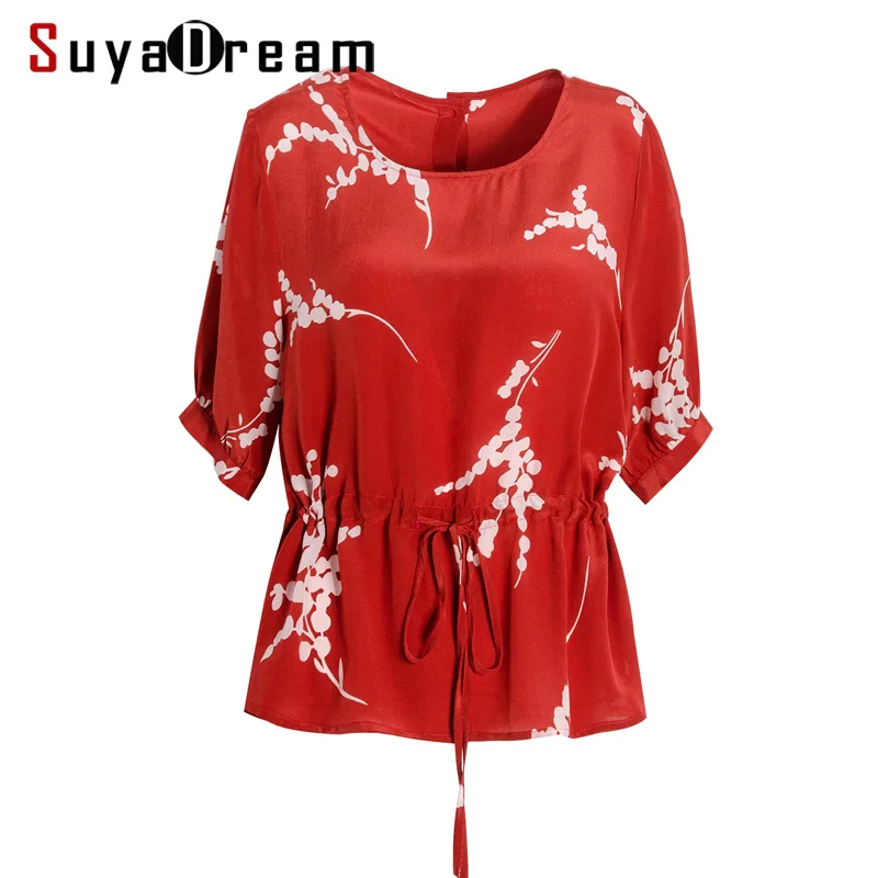 

Women Blouse 100% REAL SILK Crepe Red Blouse Shirt Short Sleeved Office Lady O neck Blouses 2019 Spring Summer Shirt