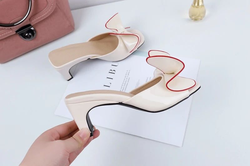 Meotina/летние шлепанцы женская обувь из лакированной кожи на не сужающемся книзу высоком массивном каблуке женские сандалии-шлепанцы с открытым носком и бантом красного цвета размера плюс 33-43