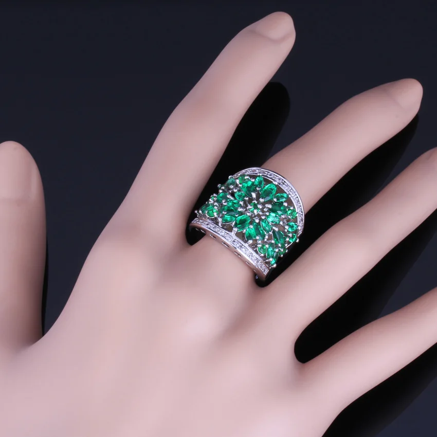 Привлекательный Огромный зеленый фианит Белый CZ Кольцо из стерлингового серебра