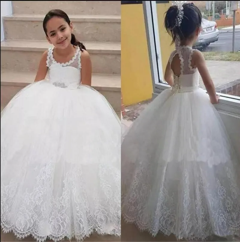 New White Ball Gown First Communion Dress Birthday Party Dress Keyhole Back Lace Up Custom Made Longo