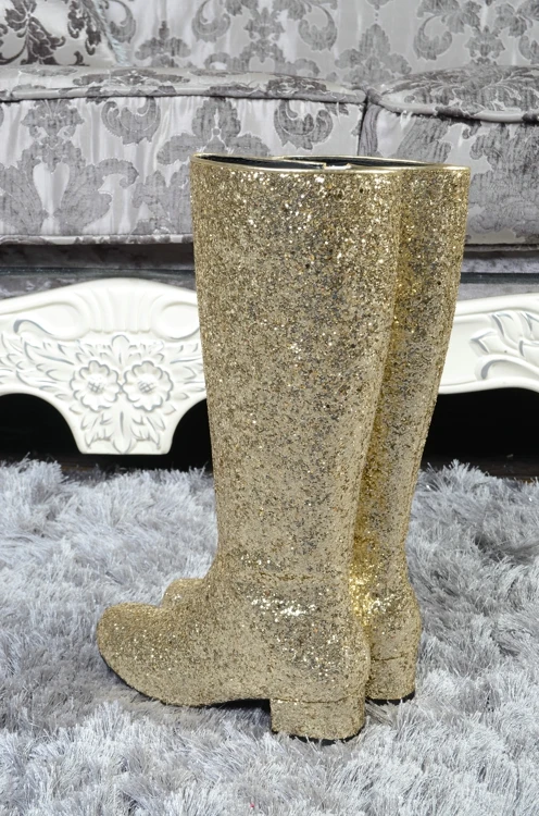 Bota Feminina/Роскошная блестящая дизайнерская обувь для женщин; большие размеры 34-46; ботинки для ночного клуба; цвет золотой, серебряный; шикарные сапоги для верховой езды на низком каблуке