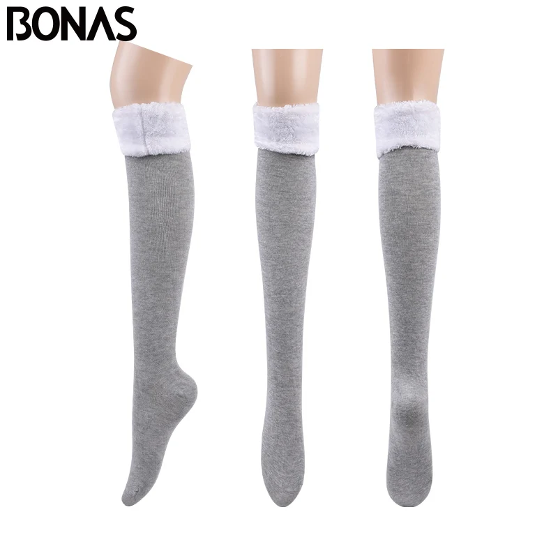 BONAS, гольфы, зимние длинные теплые чулки для женщин, выше колена, одноцветные, весна, осень, зима, чулки для девочек, вязаные, теплые - Цвет: Gray