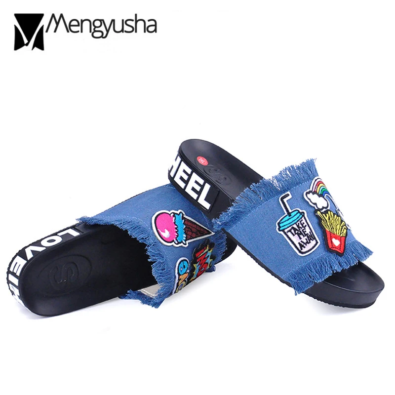 Сандалии женские из денима с аппликацией мороженого и картошки фри летние тапки
