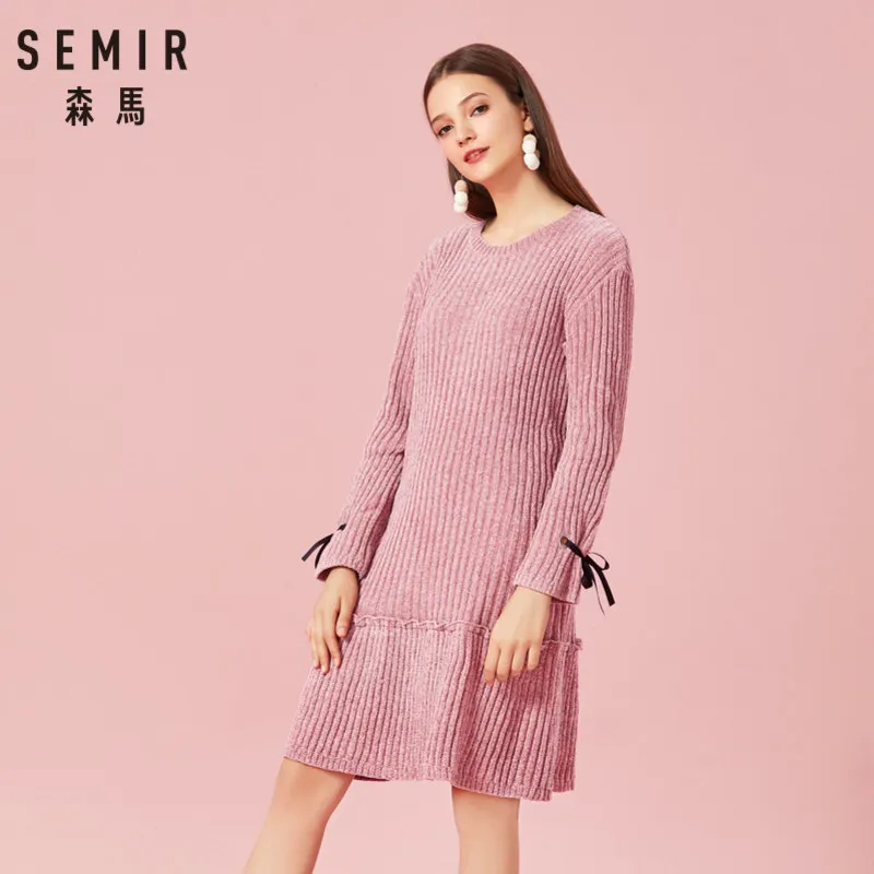 Женское расклешенное платье SEMIR трикотажное свитер из мягкой синели с завязками