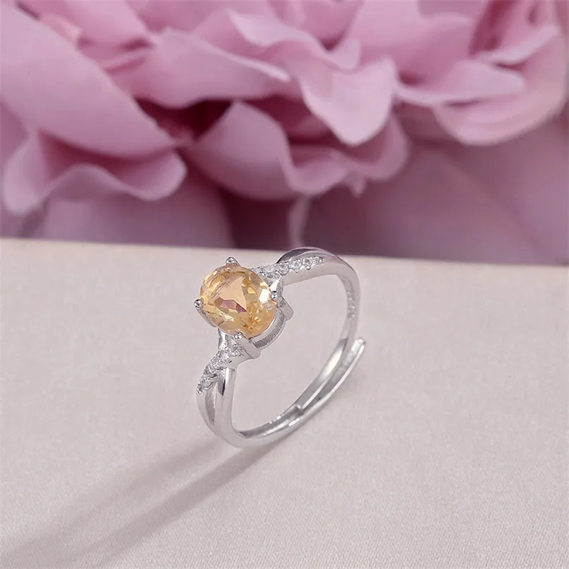 Fine Jewelry 925 Silver Rings for Women 8*6mm Citrine Yellow Oval Natural Gemstone Adjustable Ring Elegant Wedding Bands R-CI002 | Украшения