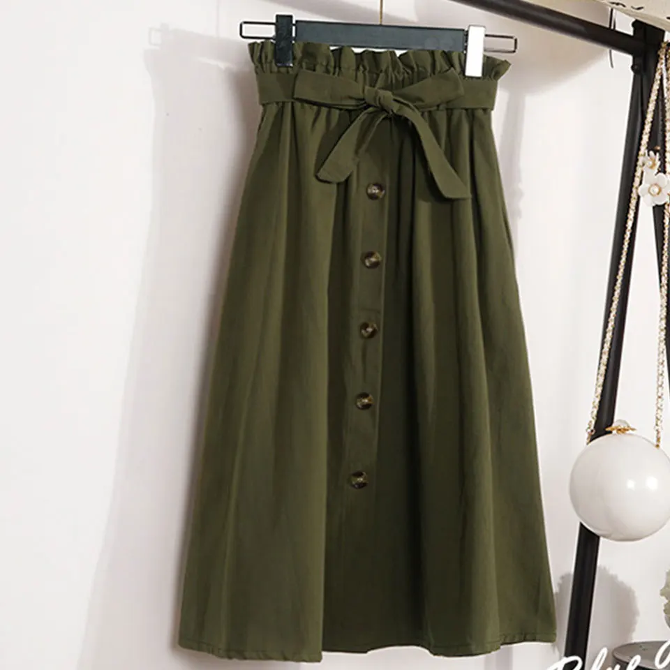 JH1267green Горячая Распродажа Осень, женские юбки, Корейская юбка на пуговицах с высокой талией, юбка миди до колен, элегантная женская плиссированная юбка для школы - Цвет: JH1267green