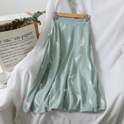 light green Корейская женская элегантная шифоновая с принтом миди юбка лето Женская Повседневная с высокой талией А-силуэт принт светильник зеленая белая юбка женская - Цвет: light green