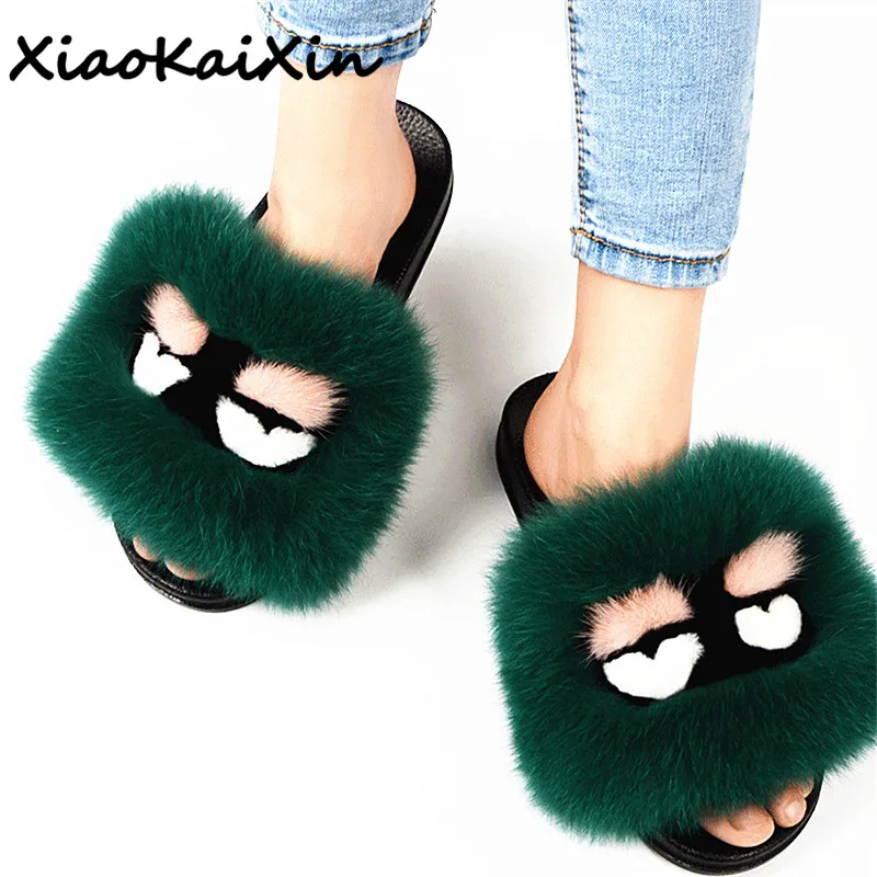 Мужские тапочки с лисьим мехом летние забавным выражением женские пушистые
