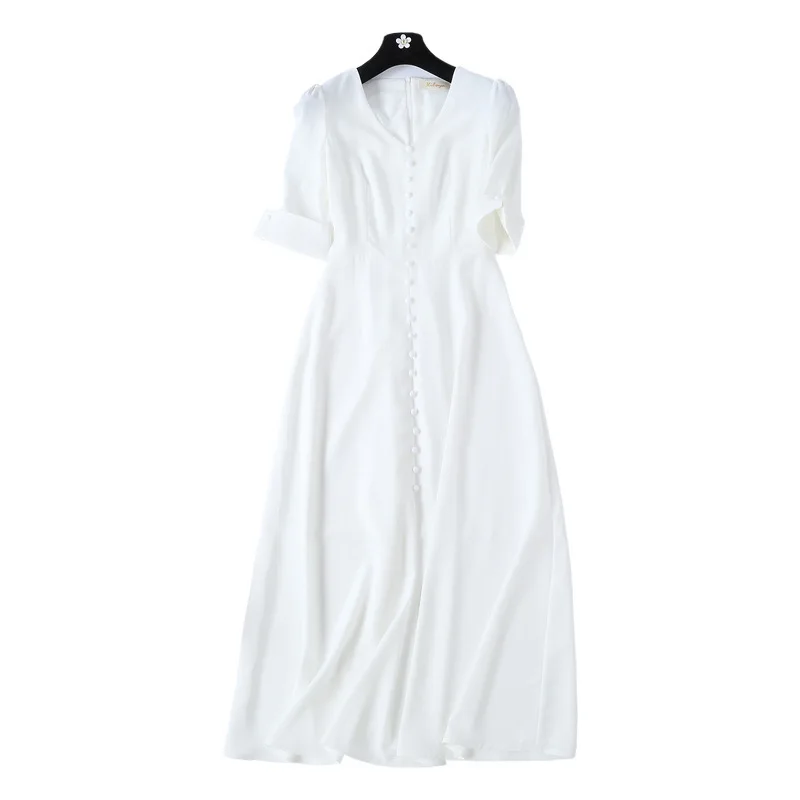 Summer White Dress Women V Neck Short Sleeve Office Lady Elegant Casual Solid Long Dresses Vestidos 2019 New Fashion | Женская одежда
