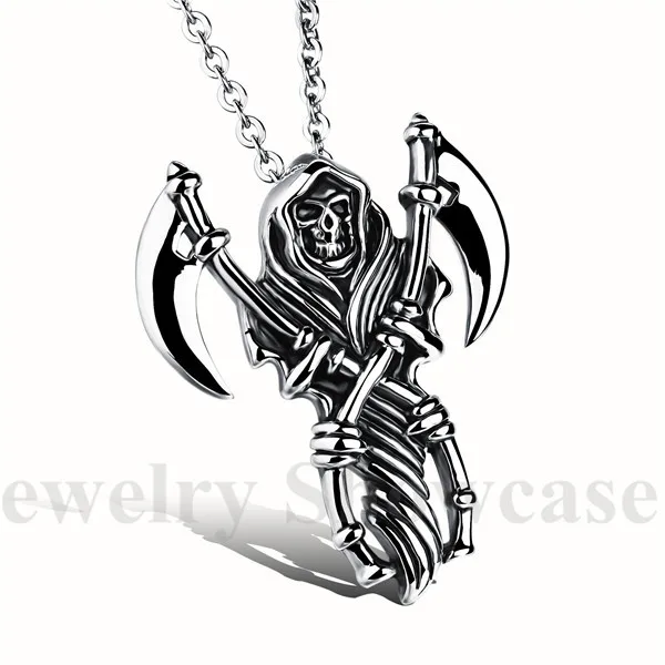 Stainless Steel Grim Reaper Skull Biker Men's Necklace Black Silver 20&quot|silver fine|necklace katherinesilver necklace chains |
