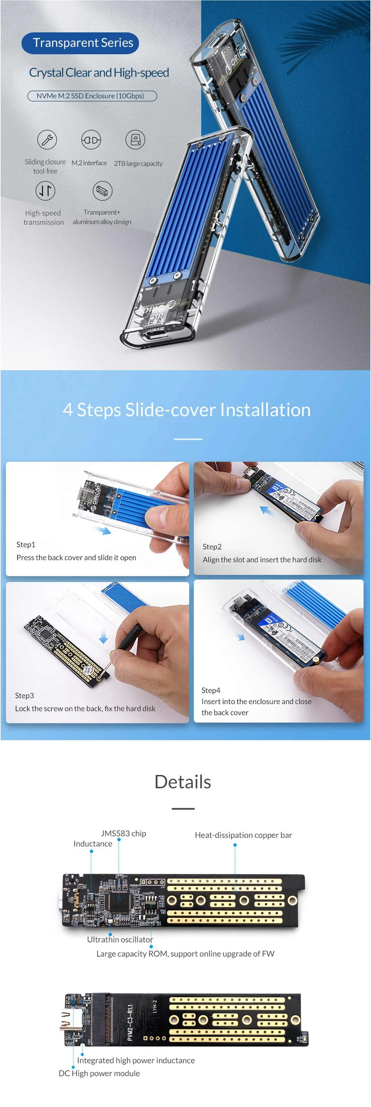 ORICO TCM2-C3 NVMe M.2 Transparent SSD HDD Enclosure 10Gbps USB3.1 Solid State Drive Enclosure Case Hard Drive Disk Base