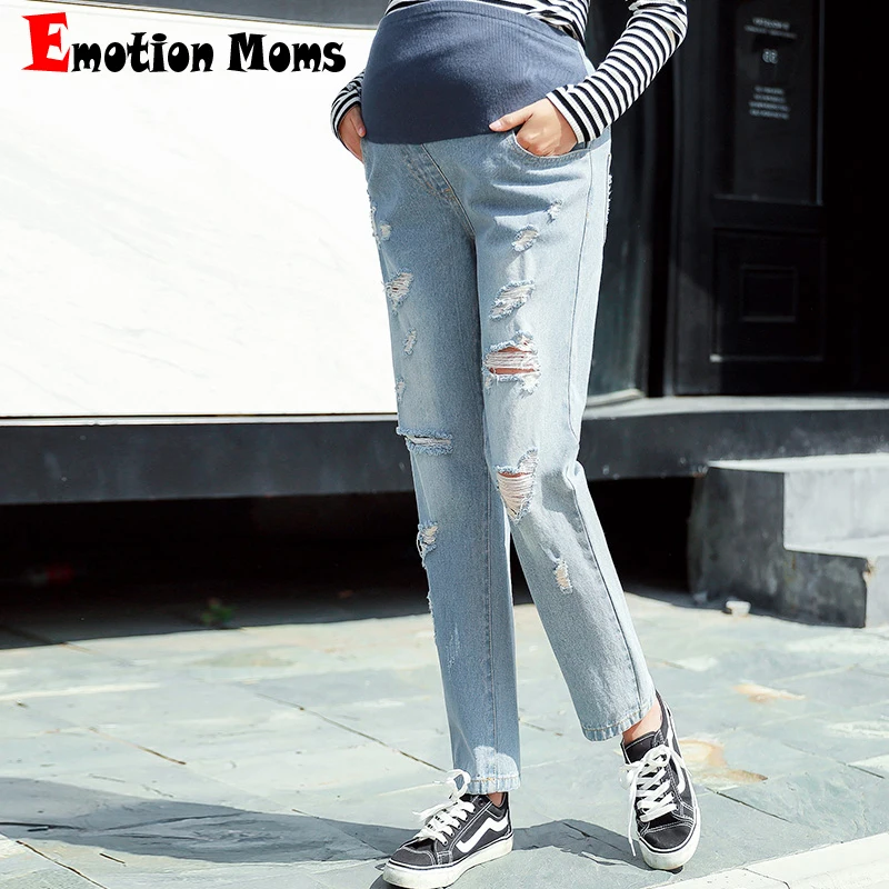 

Emotion Moms Elastic Waist Straight Maternity Jeans For Pregnant Women Fine Pregnancy Pants Maternity Trousers Distrressed