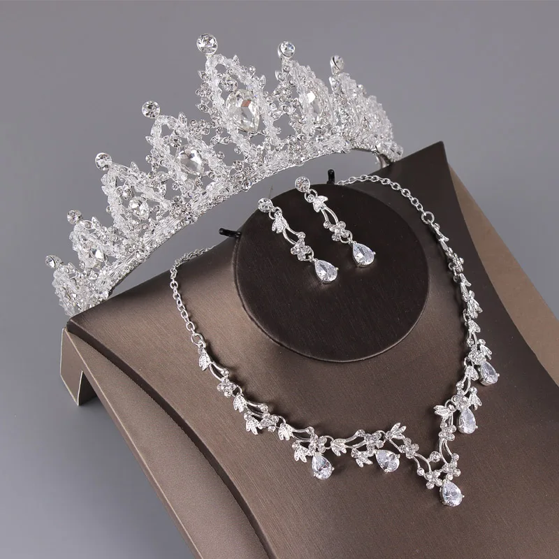 Tiara Necklace Clip Свадебные Ювелирные наборы серьги и ожерелье набор для женщин невесты кристалл корона тиара, свадебное головное украшение серебряные аксессуары для волос - Окраска металла: Tiara Necklace Clip