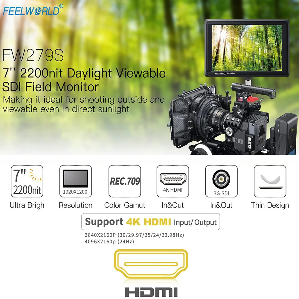 7 дюймовый IPS монитор FEELWORLD FW279S с двойной L образной камерой 2200nits 3G SDI 4K HDMI полевой