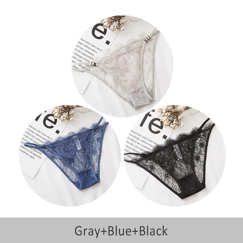 Gray Blue Black DULASI, 3 шт., кружевное регулируемое тонкое сексуальное нижнее белье, Прозрачное нижнее белье из хлопка, сексуальное женское кружевное нижнее белье - Цвет: Gray Blue Black