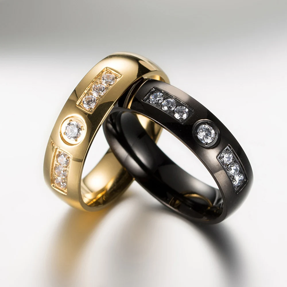 6mm Wedding Ring for Women / Men Black Gold Color Zircon CZ Stone 316l Stainless Steel Finger Jewelry Engagement Rings | Украшения и