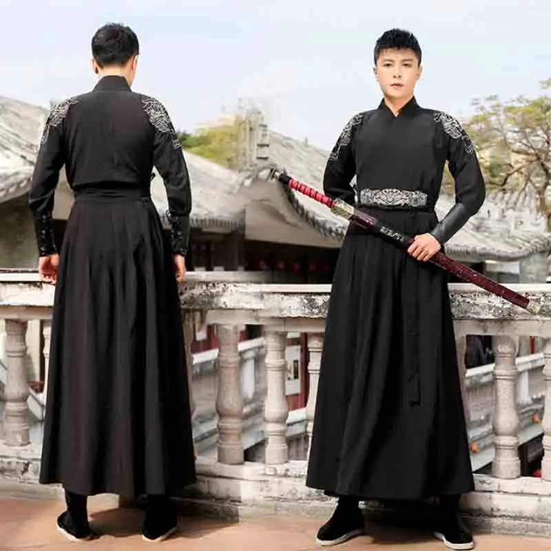 

Men Hanfu Black Ancient Chinese Han Dynasty Traditional Costume Deluxe Male Halloween Costume Fancy Dress For Man Plus Size 2XL