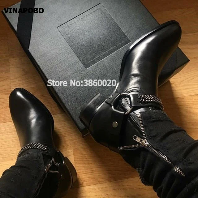 VINAPOBO/; черные мужские ботинки «Челси» из натуральной кожи на плоской подошве с ремешком и пряжкой и цепочкой; ботильоны с эластичными лентами; Роскошная Брендовая обувь