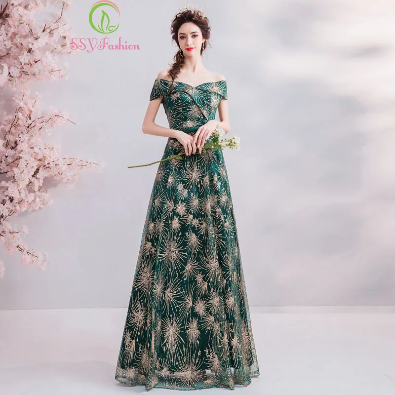 

SSYFashion New Simple Long Evening Dress for Women Shiny Sequins Green Floor-length Banquet Elegant Formal Gown Robe De Soiree