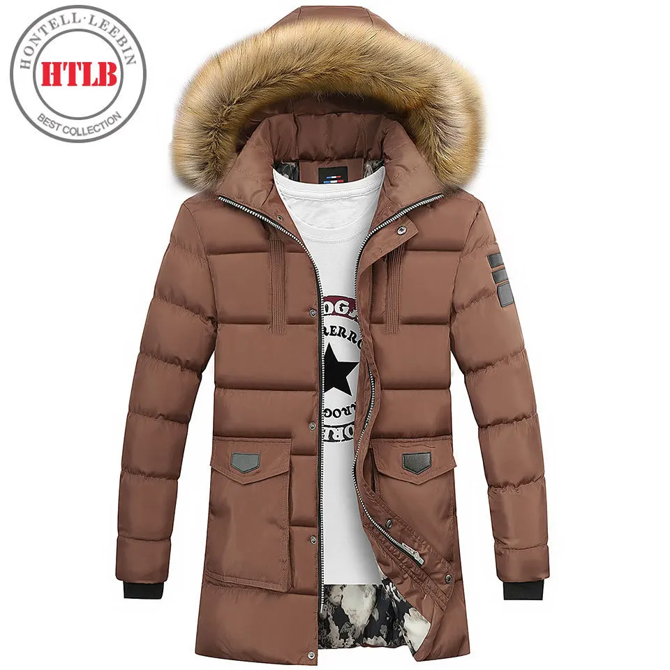 Htlb Фирменная Новинка На зимнем меху куртка био вниз парки Мужчины Мода г. Повседневная Дизайн с капюшоном длинные толстые теплые парки мужские пальто - Цвет: Khaki