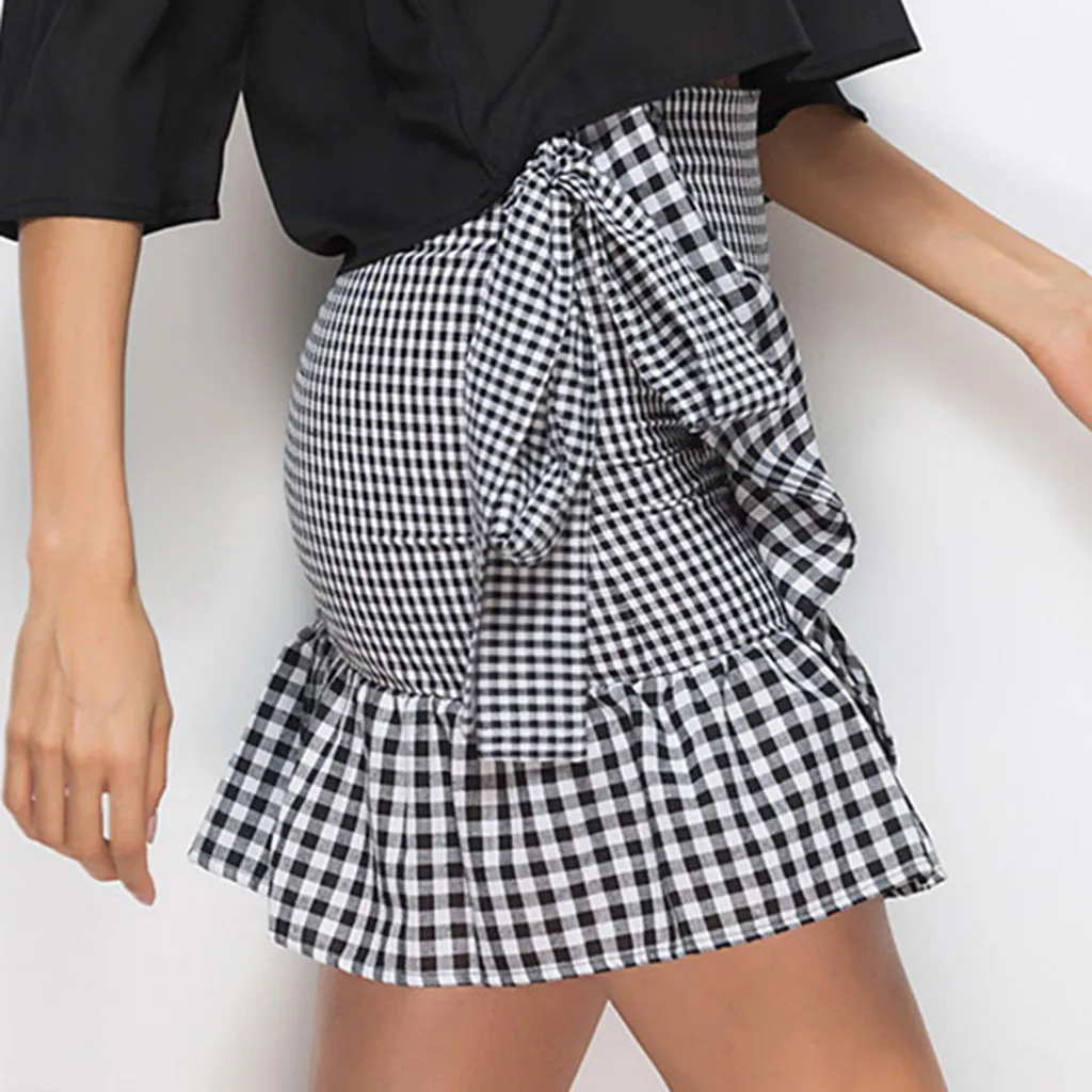 

skirts womens a-line skirt Women's Vintage Bow Plaid Print Ladies Casual Ruffles Mini Skirt Y724