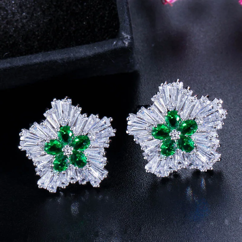 green CWWZircons модные белые золотые цвета цветок форма кубического циркония Большой Летний стиль женские серьги с синими кристаллами камни CZ330 - Окраска металла: green