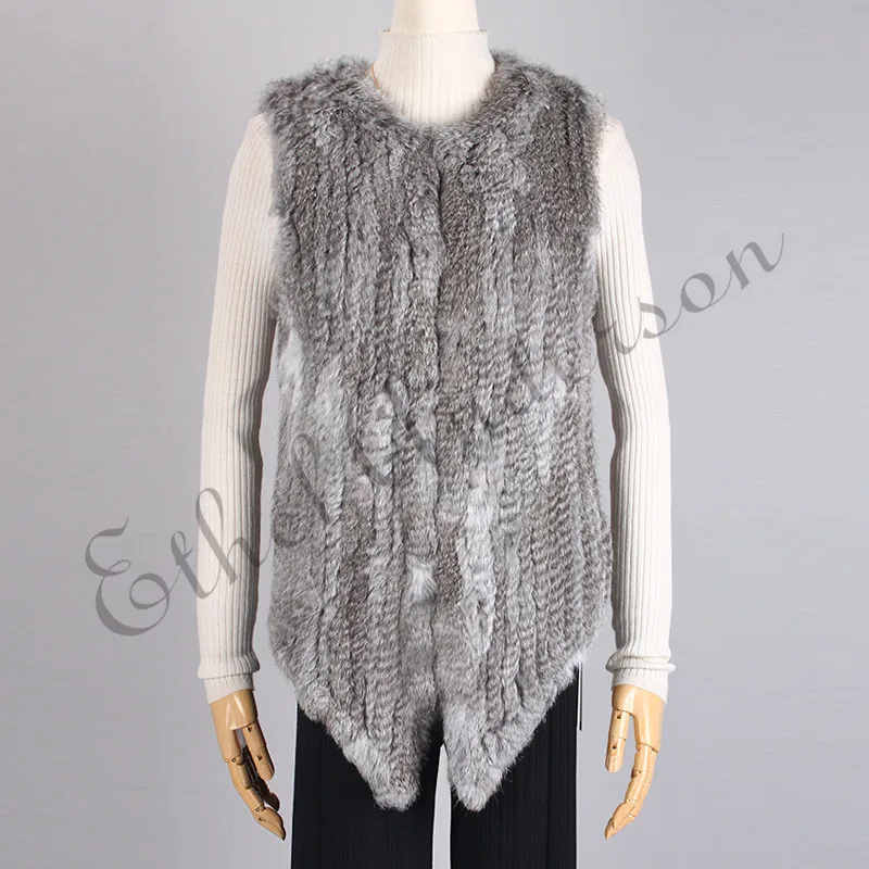 Womens Rabbit Fur Gilet Waistcoat Winter Knitted Rabbit Fur Vest Turn-down Collar Fashion Rabbit Fur Jacket Overcoat