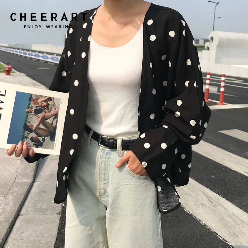 Блузка в горошек Cheerart женское черное кимоно кардиган корейский льняной женский