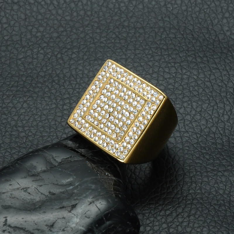 Хип-хоп микро проложить горный хрусталь Iced Out Bling большой квадратный Кольцо IP позолоченные титановые кольца из нержавеющей стали для мужчин ювелирные изделия