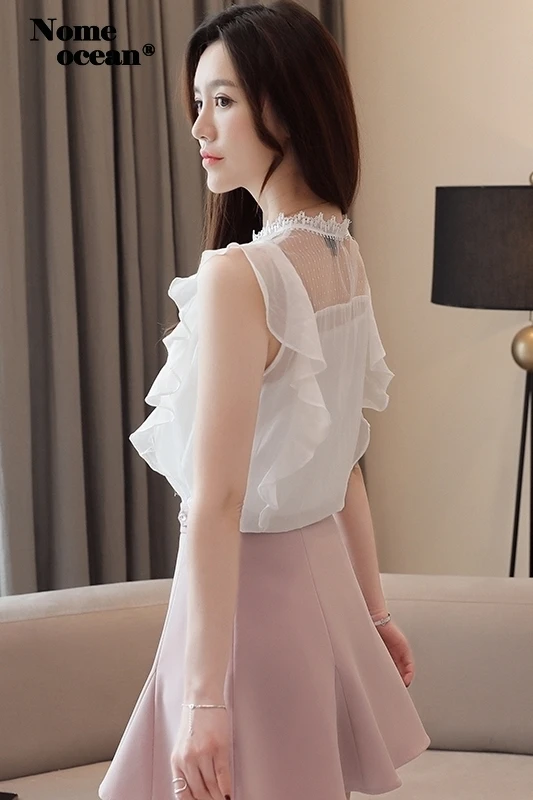 Sweet Embroidered Lace Patchwork Chiffon Blouses Ruffle Short Sleeve Shirt White Tops of Women Office Lady Top M19052627 |