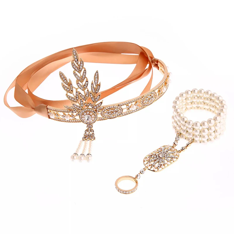 Gold-set Серебро 20s головной убор Винтаж 1920s головная повязка Хлопушка Great Gatsby ювелирные аксессуары - Цвет: Gold-set