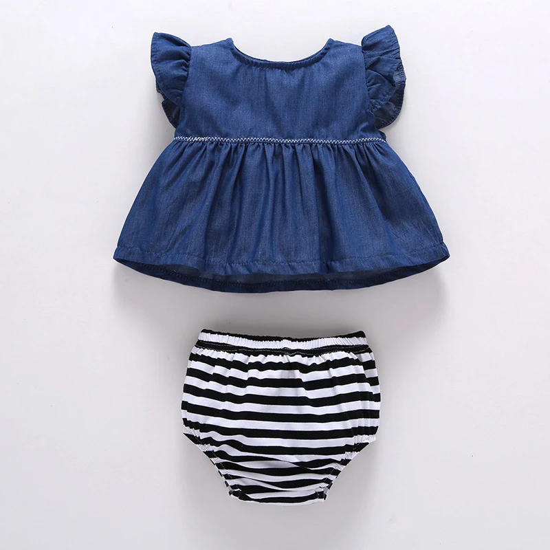 Baby body suit summer solid denim short sleeve comfy baby boys girls bodysuit infant costume triangle pants 2pcs | Детская одежда и