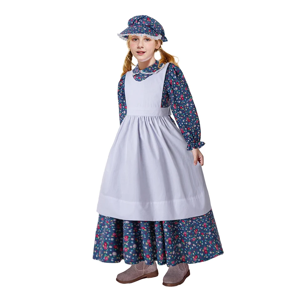 Pettgirl Flower Print Maxi Dress For Girls With White Apron And Hat Russia Style Kids Costumes Long Party Dresses | Детская одежда и
