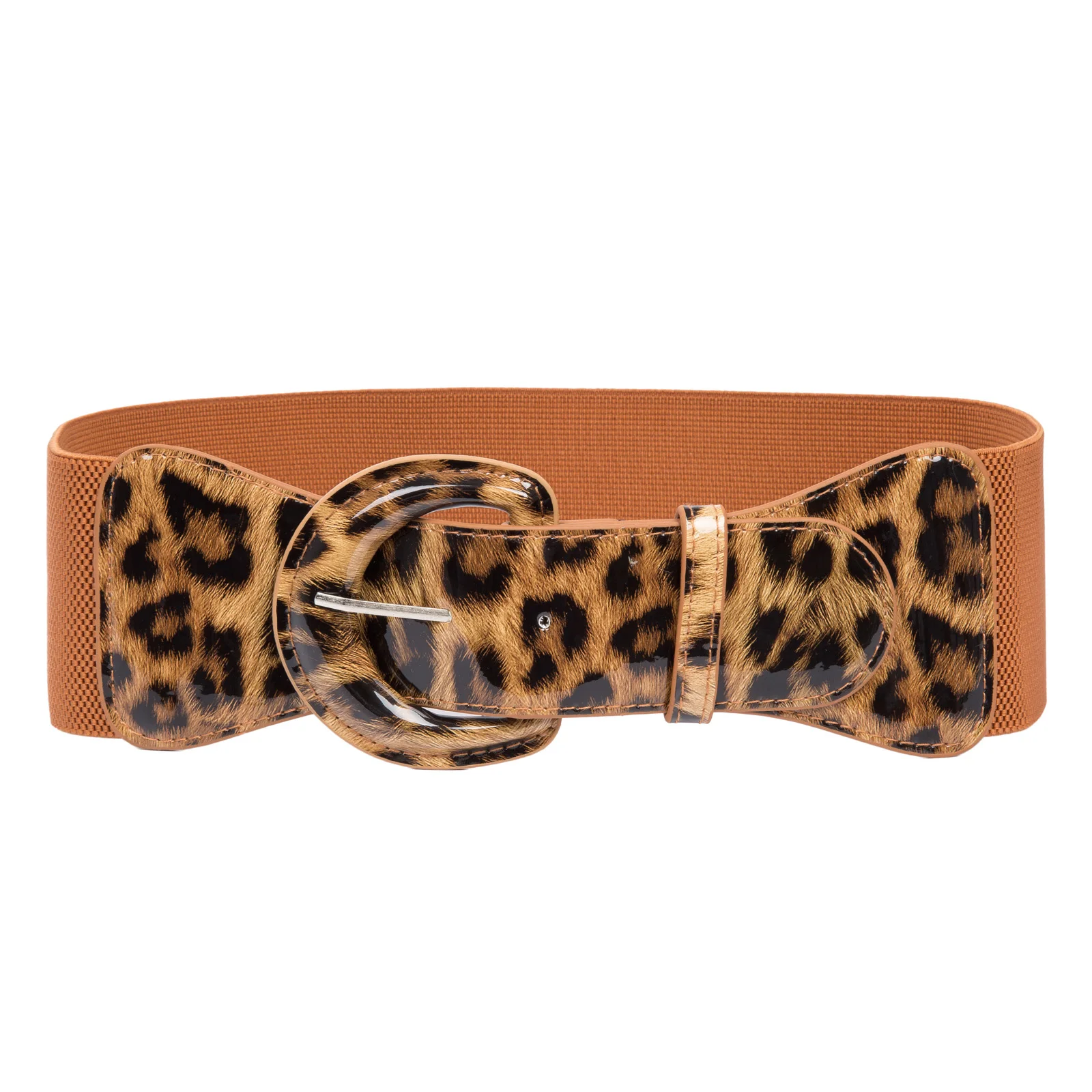 Brown Leopard Черный, красный, белый роскошный пояс для платья для женщин, девушек, широкий полиуретановый кожаный эластичный пояс с пряжкой - Цвет: Brown Leopard