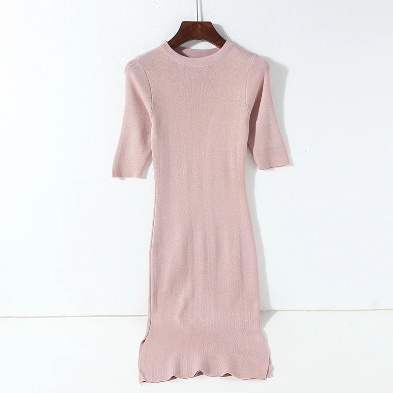 Sexy Slim Long Knitted Dress Split Bag Hip Pullover Knit Bottoming Skirt O-Neck Half Sleeved Wild Basic Sweet Tops 2018 | Женская одежда