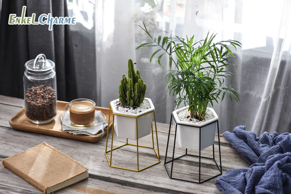 Geometric Cactus Hexagon Succulent Flower Pots Ceramic Flowerpot Iron Plant Stand Holder Garden Balcony Desktop Decorative Vasi