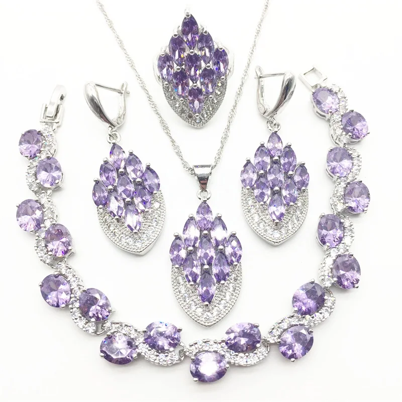 

Trendy Water Drop Purple Cubic Zirconia White CZ 925 Sterling Silver Jewelry Sets For Women Earrings/Pendant/Necklace/Bracelet
