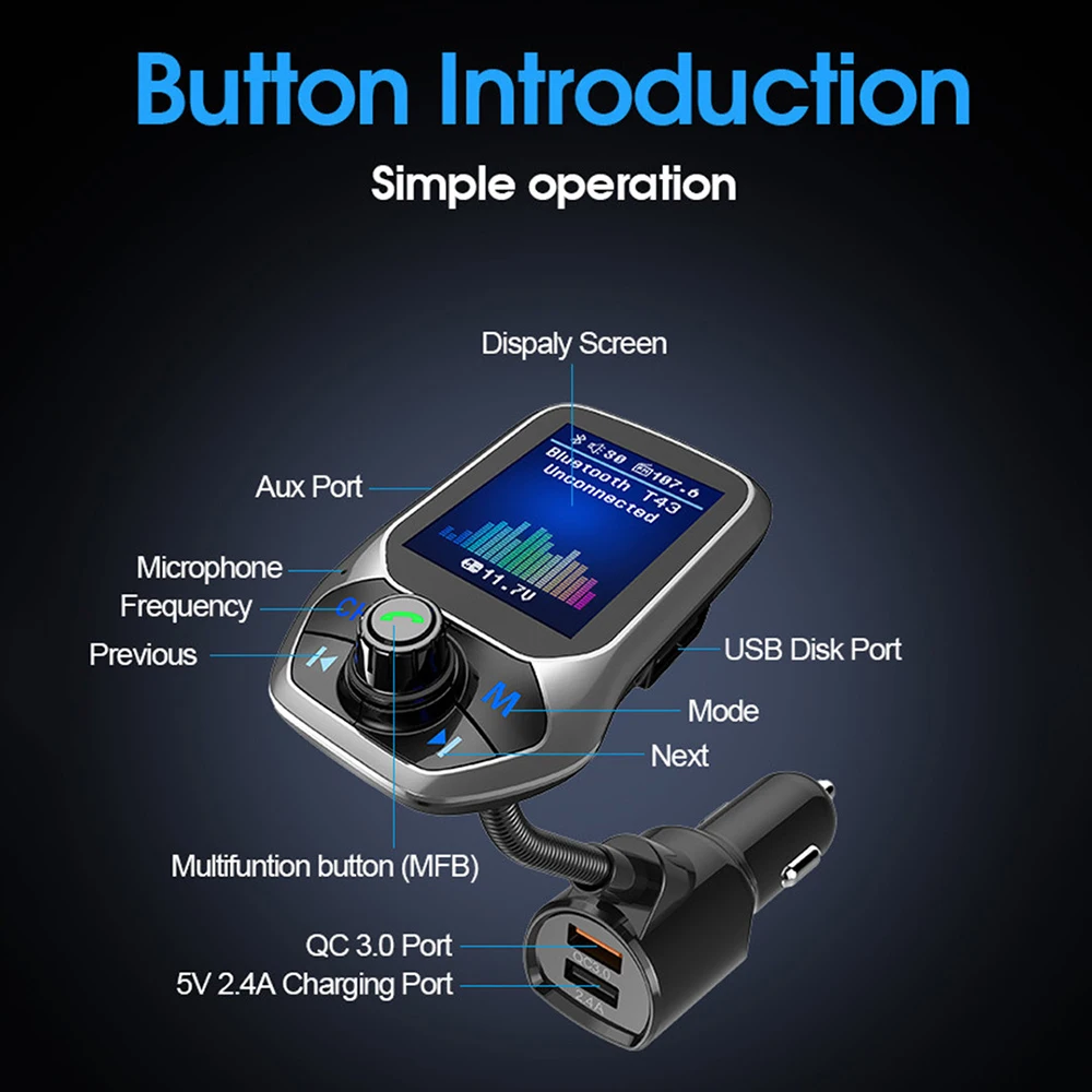 Автомобильный беспроводной Bluetooth MP3-плеер T43 FM-передатчик с громкой связью
