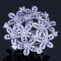 super huge flower blue cubic zirconia white cz silver plated ring v0525