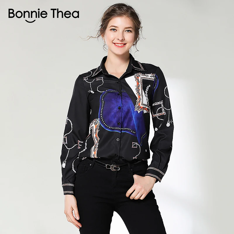 Bonnie thea Новая Черная Женская блузка Весенняя женская элегантная блуза с принтом