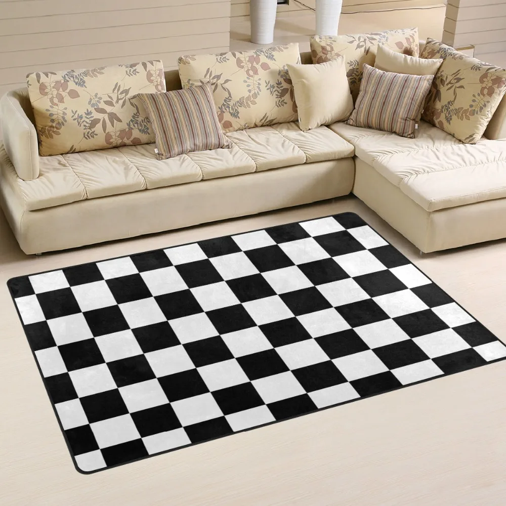 

Custom Checkered Non-slip Area Rugs Pad Cover Black White Checkered Pattern Floor Mat Modern Carpet for Playroom Living Room