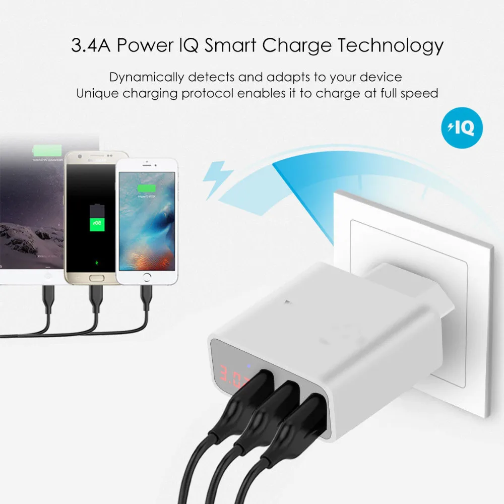 Смарт 3.4A 3 порта USB зарядное устройство светодиодный дисплей быстрое для телефона