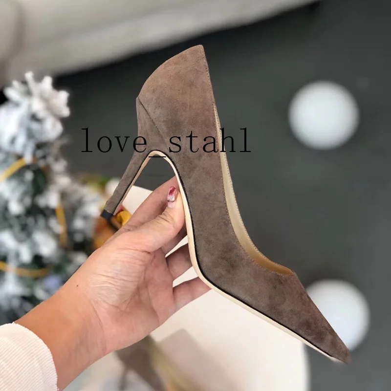 Серый lovestahl/женские весенние кожаные туфли с отстрочкой из овечьей замши с острым носком на высоком каблуке; Профессиональная модная модель; тонкие туфли; 8,5 см - Цвет: Серый