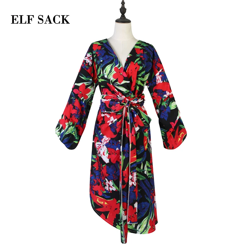 ELFSACK Floral Print Japanese Stylish Kimono Women Boho Summer Dress 2020 V Neck Button Up Split Holiday Party Dresses | Женская одежда