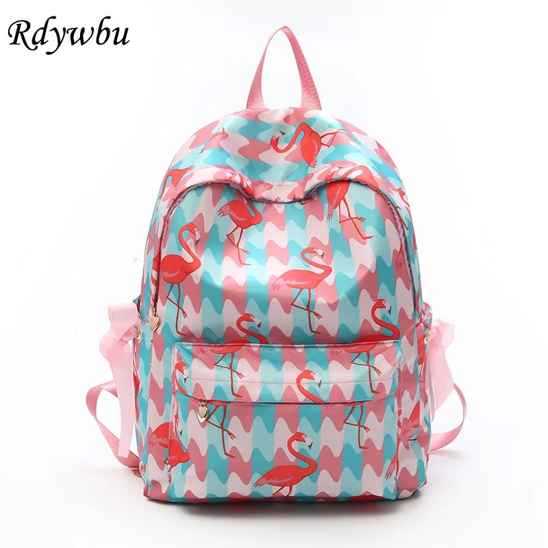 

Rdywbu Animal Flamingo Printing Ribbon Bow Backpack Teenagers Nylon Waterproof School Bag Girls Big Travel Knapsack Mochila B435