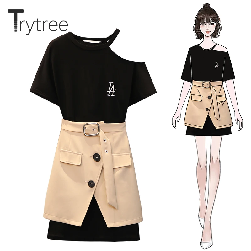 Trytree Лето женский топ комплект из двух предметов на каждый день полиэстер с